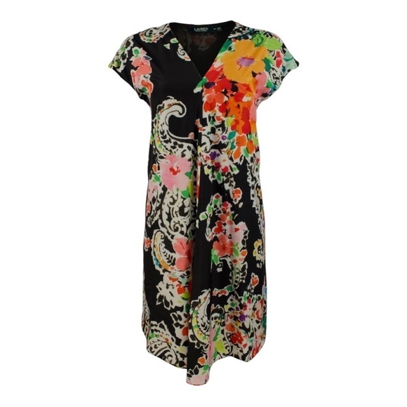 Ralph Lauren LRL Black Floral Inverted‎ Pleat VNeckline Knee Length Shift Dress - Picture 1 of 14